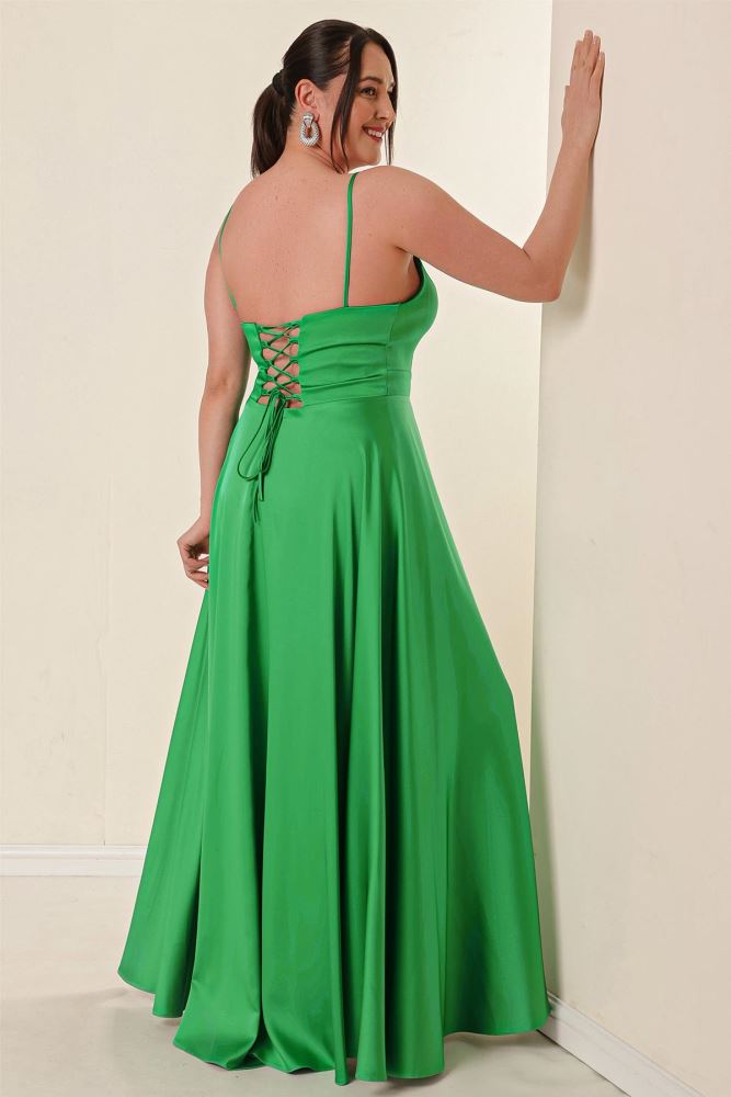 Rope Strap Lined Front Slit Plus Size Long Satin Dress Green.