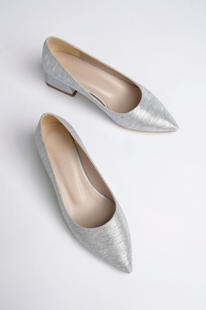 Marshetta Shine Model Womens Silver Shiny Evening Dress Pointed Toe Square  Heeled Ballerina Womens Shoes.