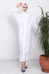 SUDEM Bağlamalı Şal Detaylı Üçlü Pantolonlu Aerobin Takım_Beyaz