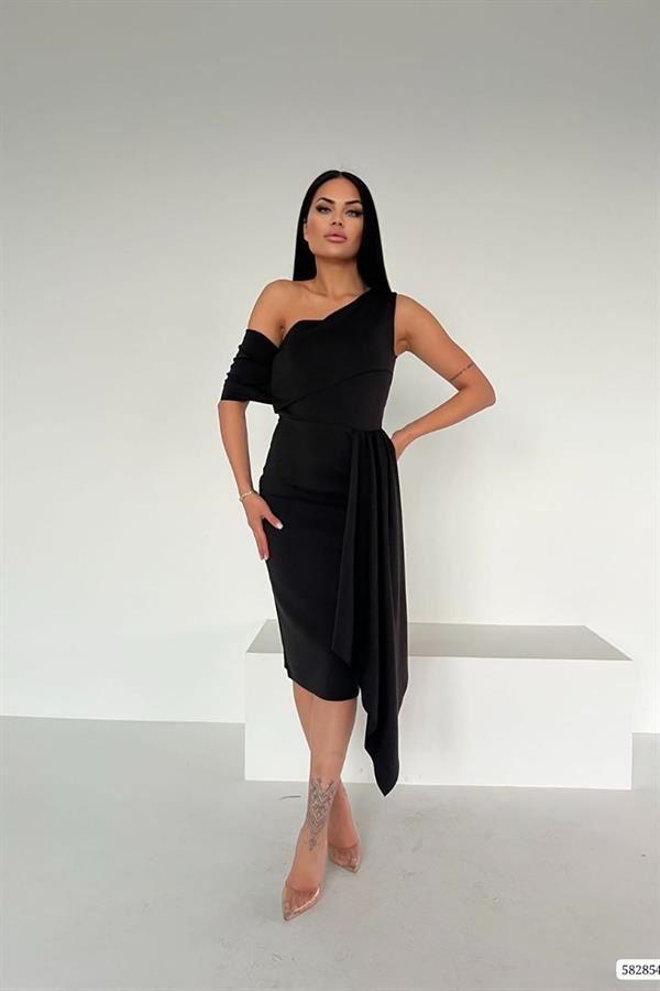 DEAFOX Black Scuba Fabric One Shoulder Midi Length Design Dress.