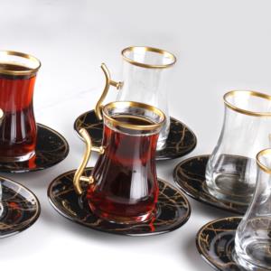 Gürcü Glass 12 Parça Siyah Mermer Desen Kulplu Çay Seti