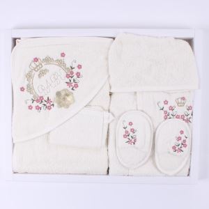 Kız Bebek Ekru Kraliçe Taçlı Pembe Çiçekli Havlu Bornoz Set