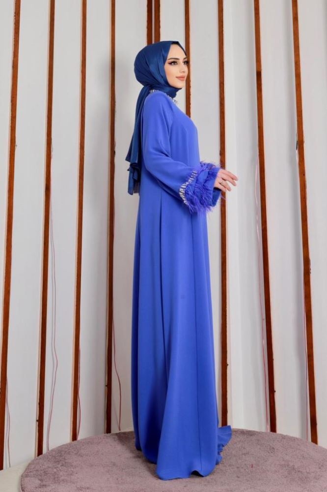 Evening DressSultan Sleeves Feather Stone Dress 36171-1.