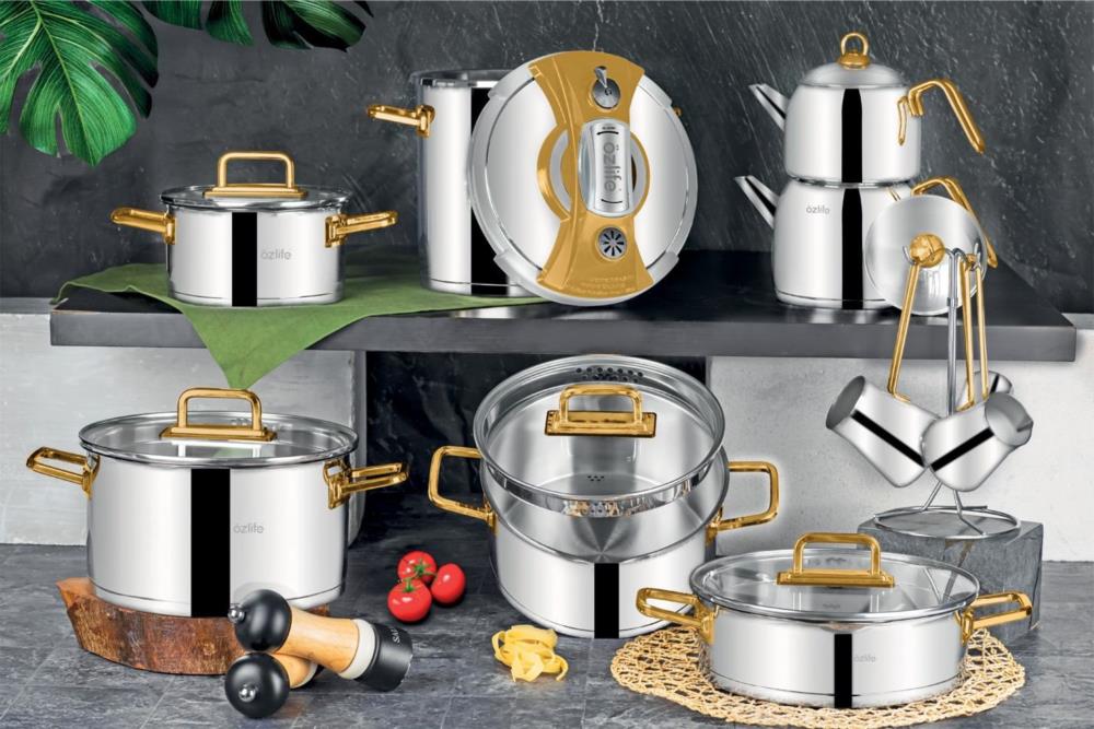 Özlife Asis 18 Parça Sade Metal Tencere Seti 4064 Gold.