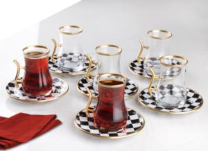 Gürcü Glass 12 Parça Damalı Desen Kulplu Çay Seti
