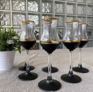 Grappa 6 Kişilik Siyah Kahve Yanı Cam Su Bardağı Seti, Çeyizlik Set, Şampanya Kadehi, Şarap Kadehi