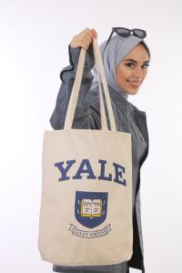 Kadın Bej Yale Baskılı Bez Shopper Çanta