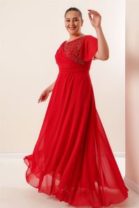 Önü Boncuk İşlemeli Astarlı Uzun Büyük Beden Şifon Elbise Kırmızı