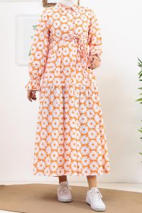 NASS Yaka Düğmeli Çiçek Desenli Elbise_Orange