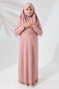 One Piece Practical Childrens Prayer Dress with Headscarf Dusty Rose