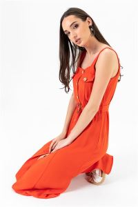 Askılı Düğmeli Krep Elbise Oranj