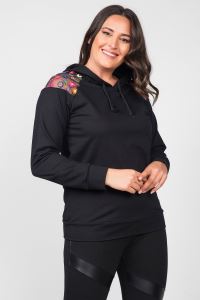 Womenice Kadın Siyah Omuzu Tüllü Renkli Çiçekli SweathShirt Büyük Beden Bluz
