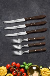 Lazbisa Çelik Mutfak Bıçak Seti Steak Et Çatalı Et Bıçağı Restoran  Şık Venge Ağaç Sap Kısmı 6 lı