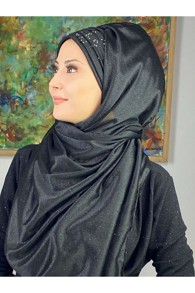 Sultan Model Black Glittery Chiffon Pleated Shawl