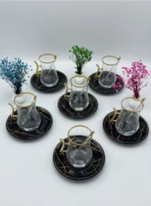 Gürcü Glass 18 Parça Siyah Mermer Desenli Pasta Tabağı ve Kulplu Çay Seti 