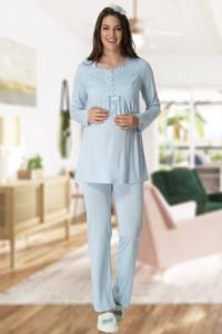 Mecit Mavi Uzun Sabahlıklı Lohusa Pijama Takımı 5416
