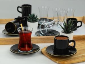 Keramika Siyah Fileli Çay Kahve Takımı 18 Parça 6 Kişilik 