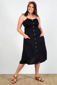 Womenice Büyük Beden Siyah Önü Düğmeli Cepli Elbise