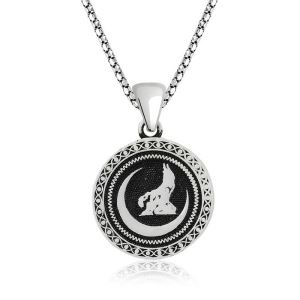 Silver Crescent Gray Wolf Necklace