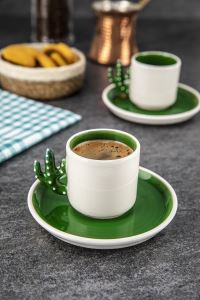 DORELİNE Kaktüs El Yapımı 110 Ml Türk Kahvesi, Espresso Fincanı Yeşil 2 Adet, Hediyelik 2 li Fincan