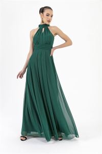 Boyun Bağlamalı Uzun Tül Abiye Elbise Yeşil