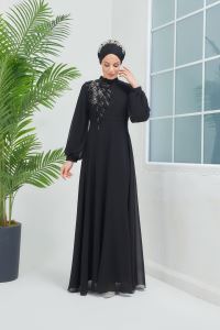 Güpür Detaylı Şifon Tesettür Abiye Elbise 7773