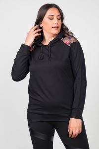 Womenice Kadın Siyah Omuzu Tüllü Renkli Çiçekli SweathShirt Büyük Beden Bluz