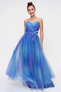 İp Askılı Çiçek Detaylı Prenses Elbise Mavi