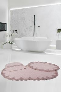 Bonny Home Peluş Lux Oval Pudra 3lü Dantelli Klozet Takımı Çeyizlik Banyo Halısı Paspası Seti