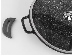 Taç Granit Döküm Cam Kapaklı Sac Kavurma ve Gözleme Tavası 34 cm Siyah