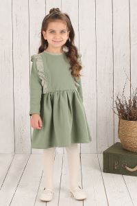 Koyu Yeşil Rengi Omuzları Fırfırlı Kız Bebek Organik Elbise NK09005KY (6 AY- 5 YAŞ)