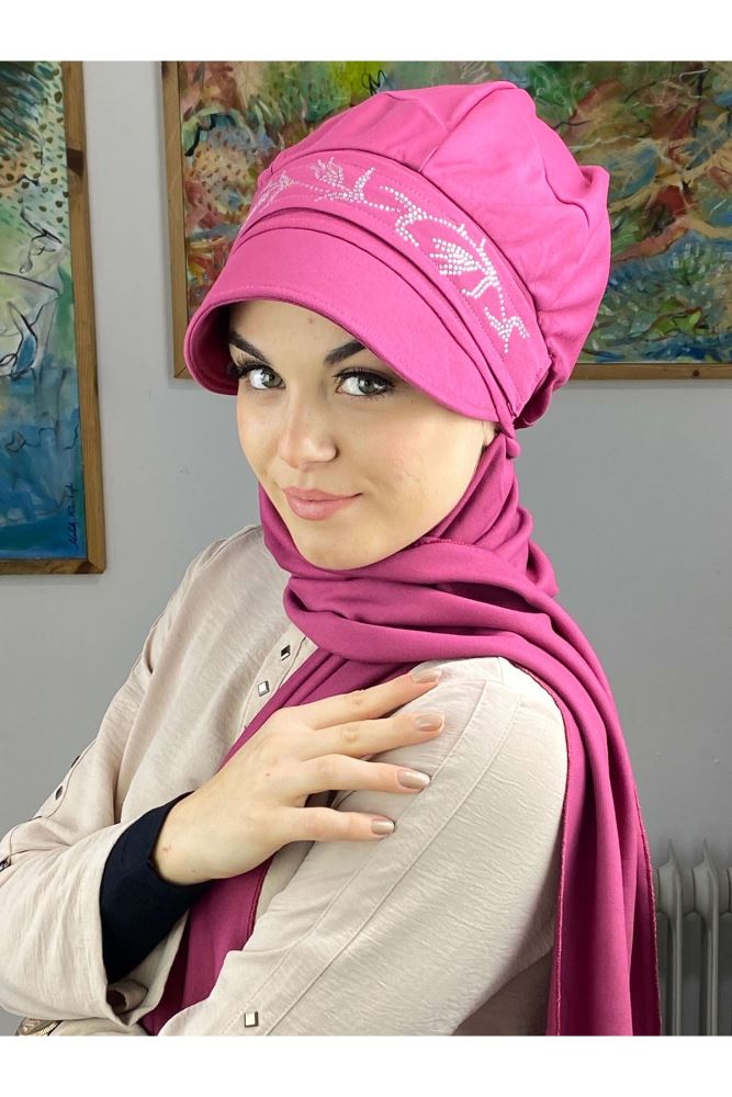 Silver Stone Detailed Tulip Patterned Light Fuchsia Scarf Hat