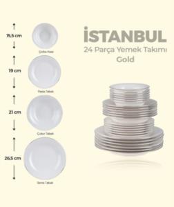 Acar İstanbul 6 Kişilik 24 Parça Porselen Yemek Takımı - Gold