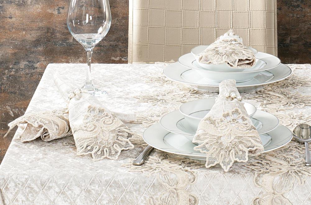 Evlen Home Arya Cream Velvet Lace Guipure 26 Piece Luxury Table