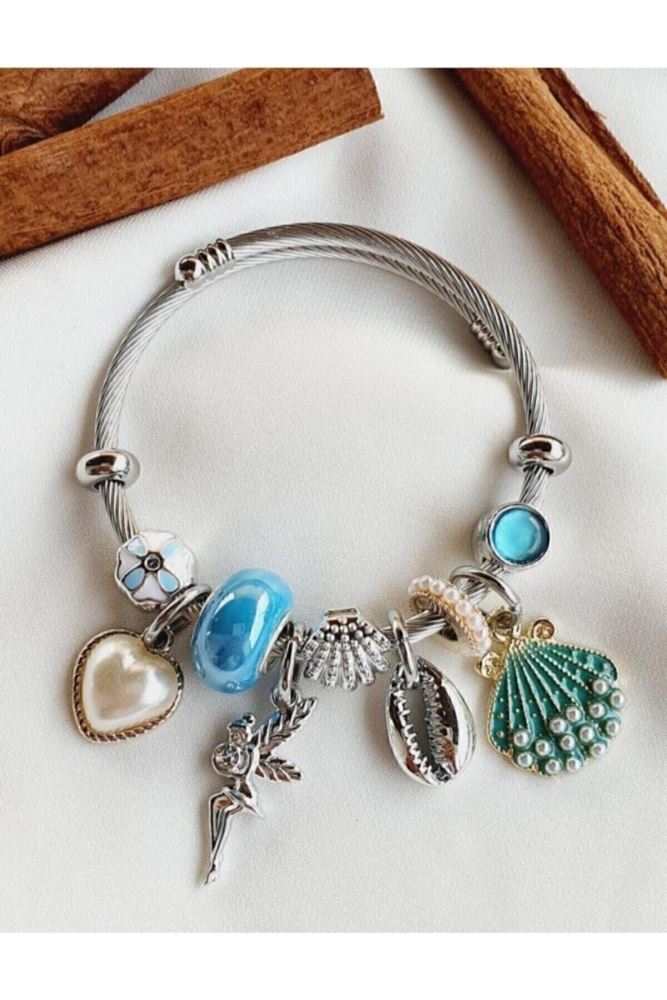 Silver Color Blue Sea Shell Charm Pandora Steel Bracelet