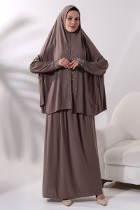 Two Piece Prayer Dress with Pearls and Stones Bottom and Top 8017 Milk Brown