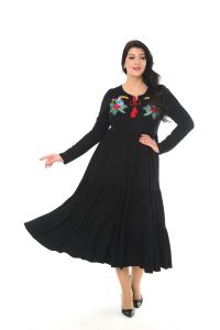Womenice Kadın Siyah Önü Bağlamalı Kuş Baskılı Büyük Beden Elbise