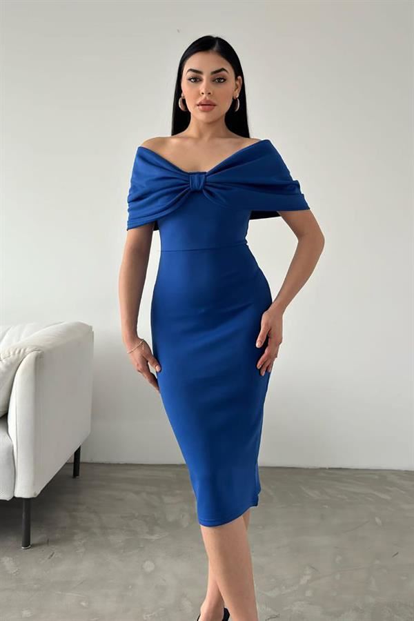 DEAFOX Saks Blue Scuba Fabric Midi Length Dress with Collar Detail.