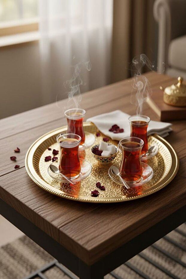 Saint Belisama Concept Tepsi,Yuvarlak Dekorlu Gold Renk Tepsi 35 cm Çok Kullanışlı Tepsi, Çay Tepsisi Söz Nişan Tepsisi