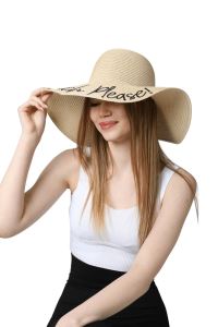 Kadın Bej Yazı İşlemeli Hasır Şapka