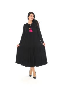Womenice Kadın Siyah Önü Bağlamalı Pembe Püsküllü Büyük Beden Elbise