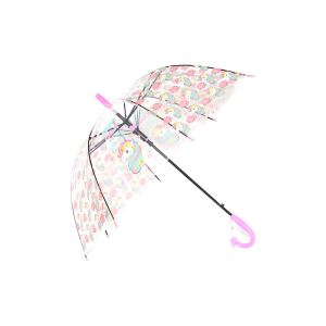 Pembe Renk, Düdüklü Şeffaf Çocuk Şemsiyesi Uzun Saplı Unicorn Desenli