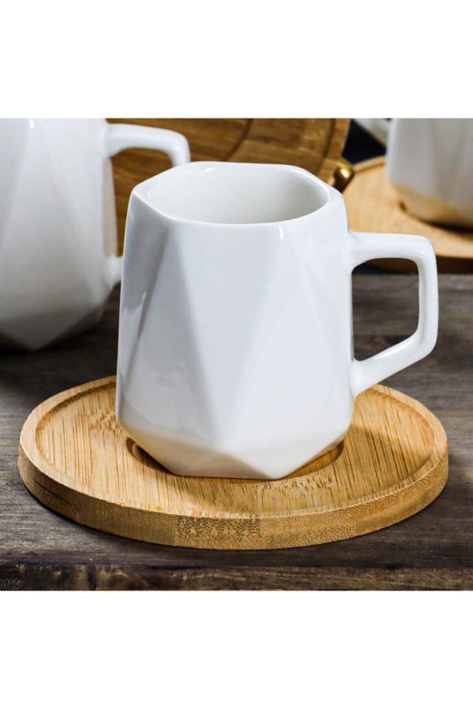 White Porcelain Prism 6 Person Bamboo Plate Coffee Cup Set.