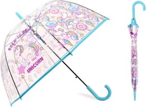 Mavi Renk, Düdüklü Şeffaf Çocuk Şemsiyesi Uzun Saplı Unicorn Desenli