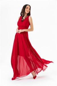 Kruvaze Yaka Şifon Abiye Elbise Kırmızı