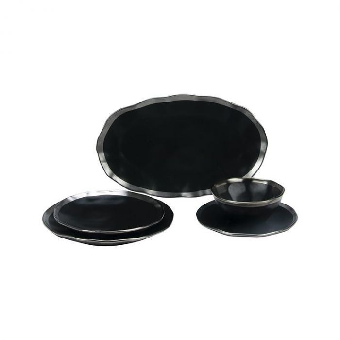 Bricard 25 Piece Dole Black Platinum Color Porcelain Dinner Set.