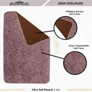 Bonny Home Ultrasoft Desenli 3lü Mor Klozet Takımı Banyo Halısı Paspası Seti