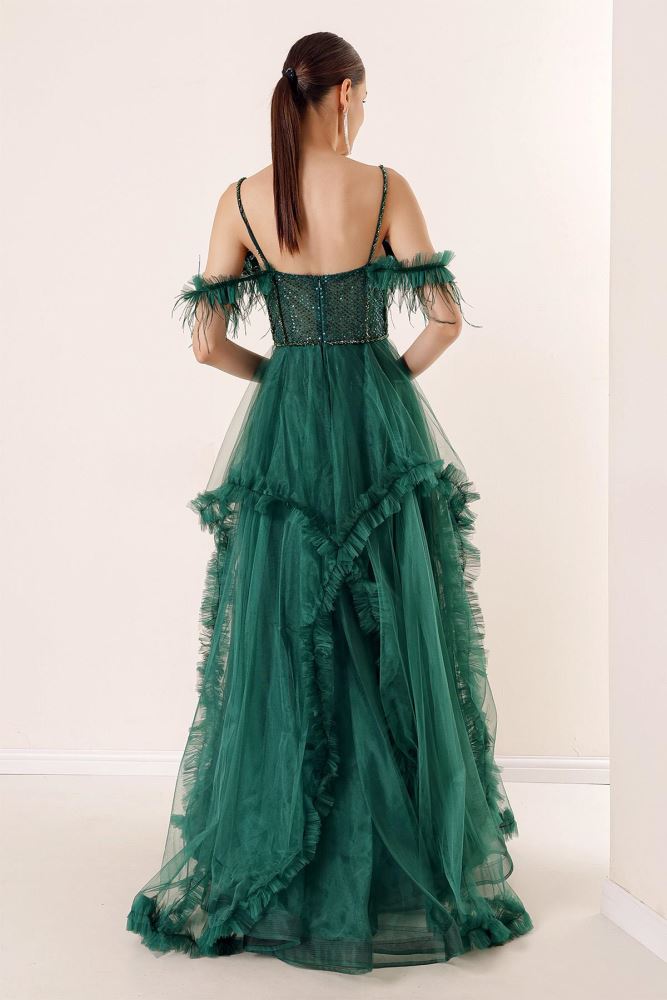 Low Waist Beaded Ruffle Tulle Evening Dress.
