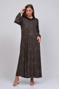 Tusse Kadın Desenli Uzun Kol Büyük Beden Kahverengi Elbise TS-EE02
