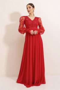 Üstü Tül Nakışlı Astarlı Uzun Şifon Elbise Kırmızı